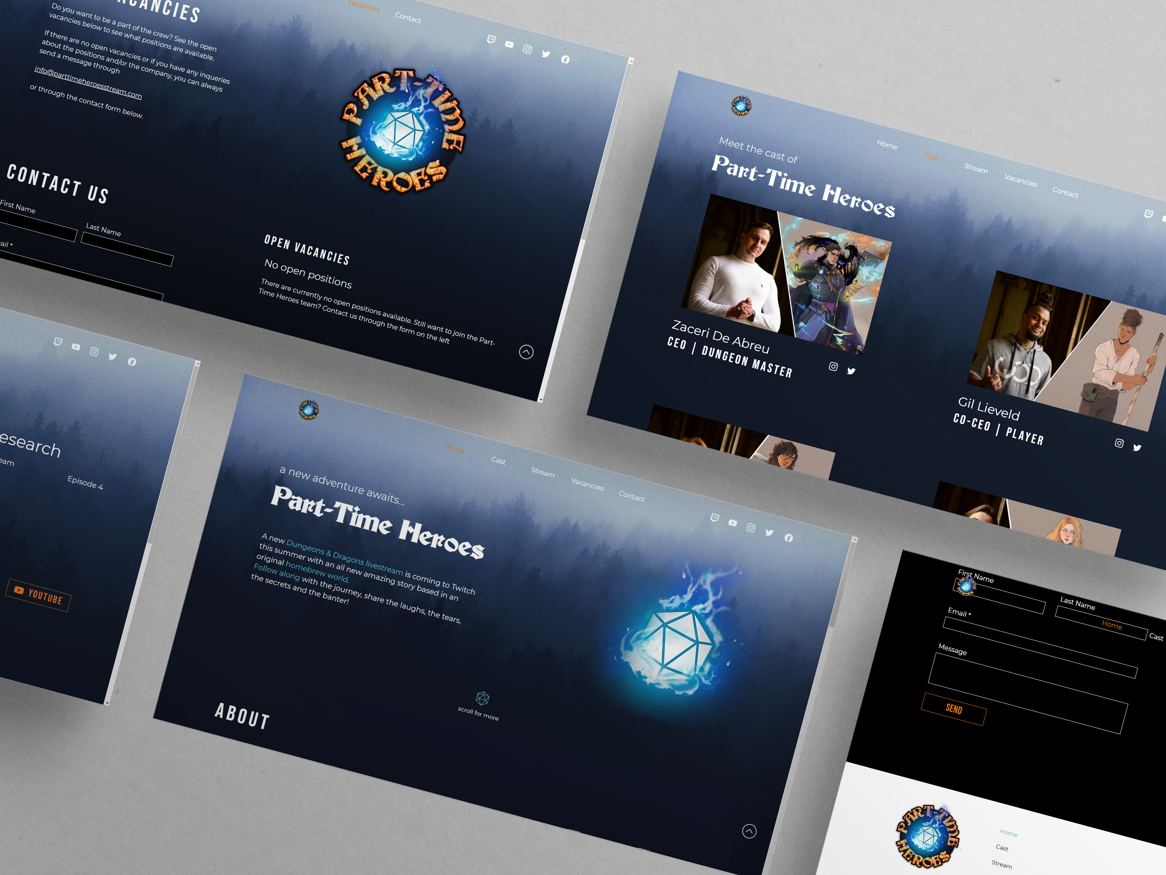 multiple desktop screens displayed, topdown view, laying diagonally, with mock ups of project Part-Time Heroes.