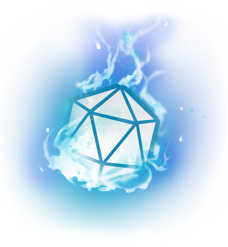 Iconography for Part-Time Heroes, a blue flaming twenty sided die. Made by Simone Ripke, @Simmigraphs