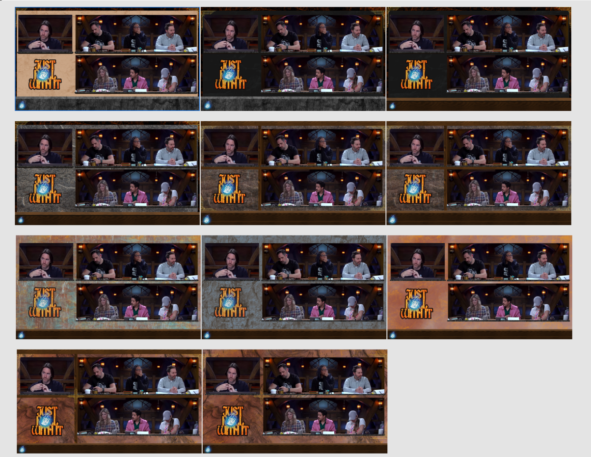 screenshot of more versions and ideas for the Twitch Overlay, used screenshots from another show to visualize it better. Made by Yara Prins.
