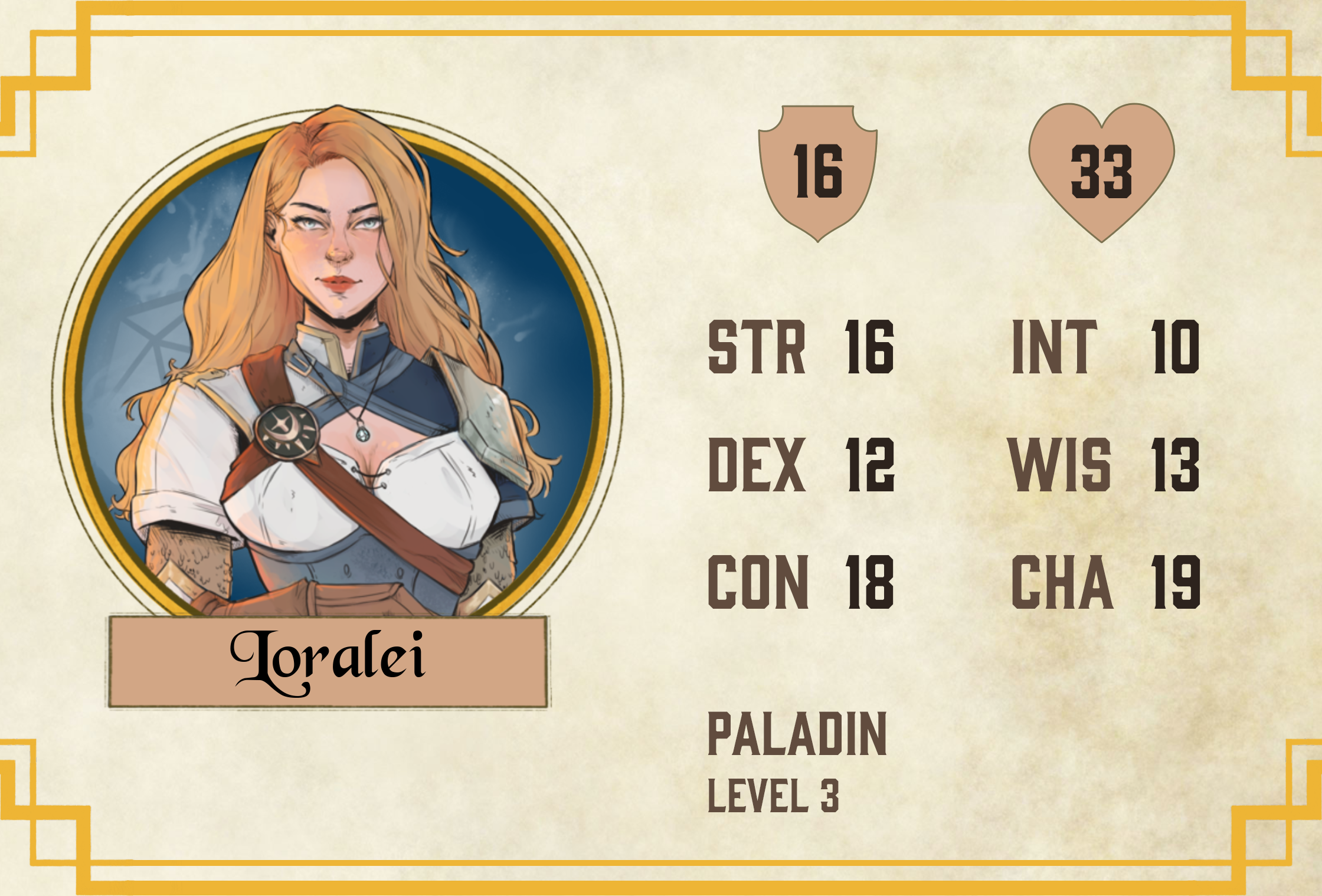 The character stat card design for character Loralei, the human Paladin. Made by Yara Prins.