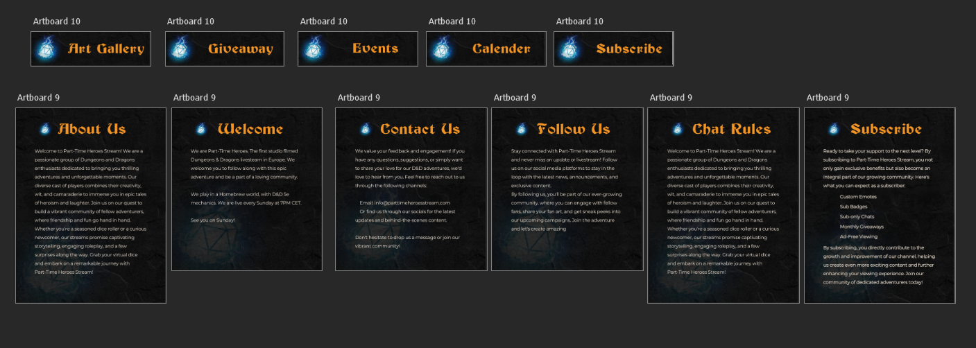 screenshot of the first versions for the Twitch Panels. Made by Yara Prins.