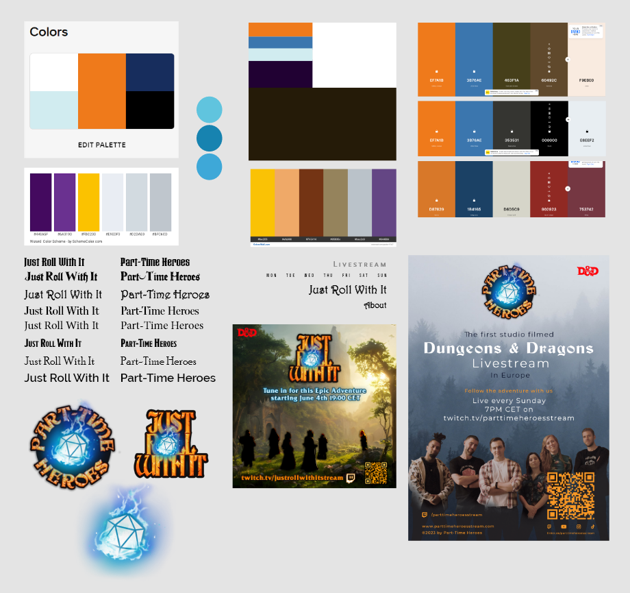 screenshot of style ideas, filled with color palettes, font options, the logos and two different flyers for the company (new and old flyer design)